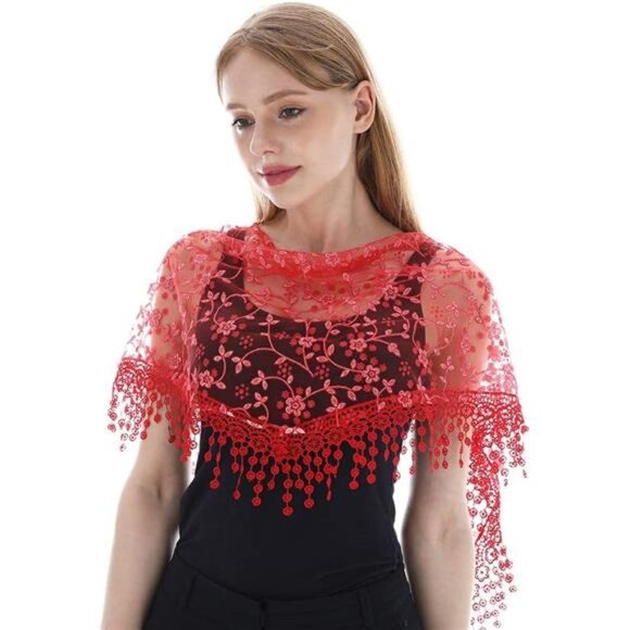 Triangle Lace Mantilla Veil Tulle Scarf Red - Picture 4 of 6